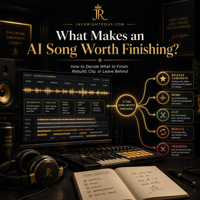 Music production setup with headphones, laptop, and notes on a dark background with 'JackRighteous' branding.