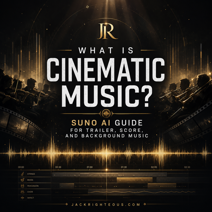 Promotional graphic for cinematic music with text and film reel elements.