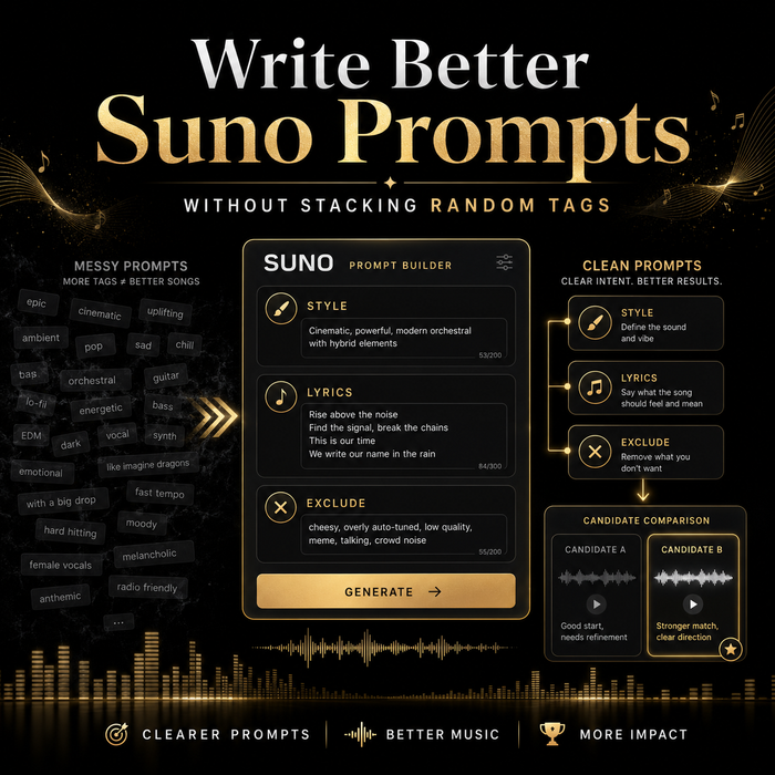 Suno Prompt Builder interface with text on a dark background