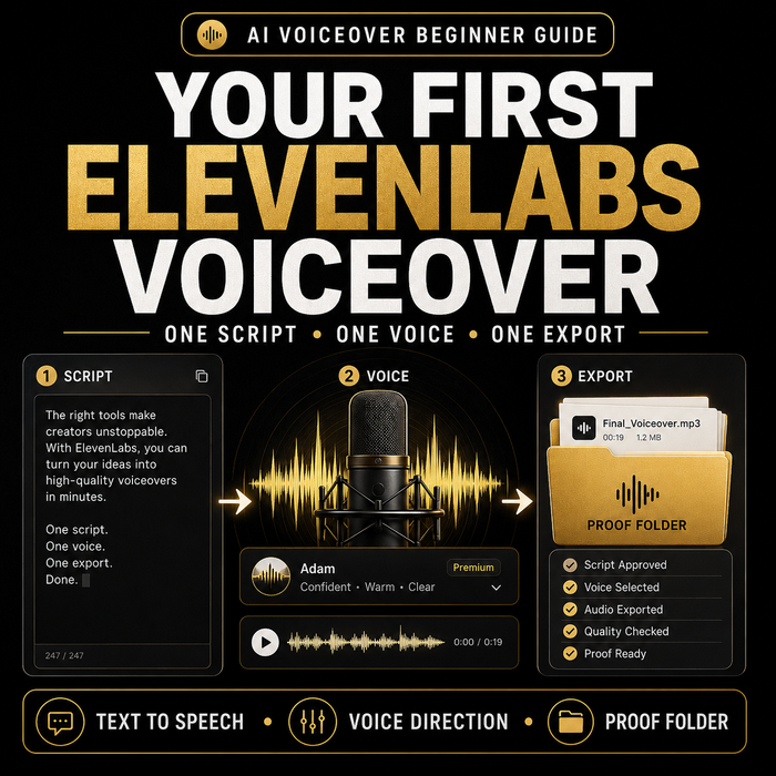 First ElevenLabs AI voiceover workflow using Text to Speech, a prepared script, voice selection and provenance records.