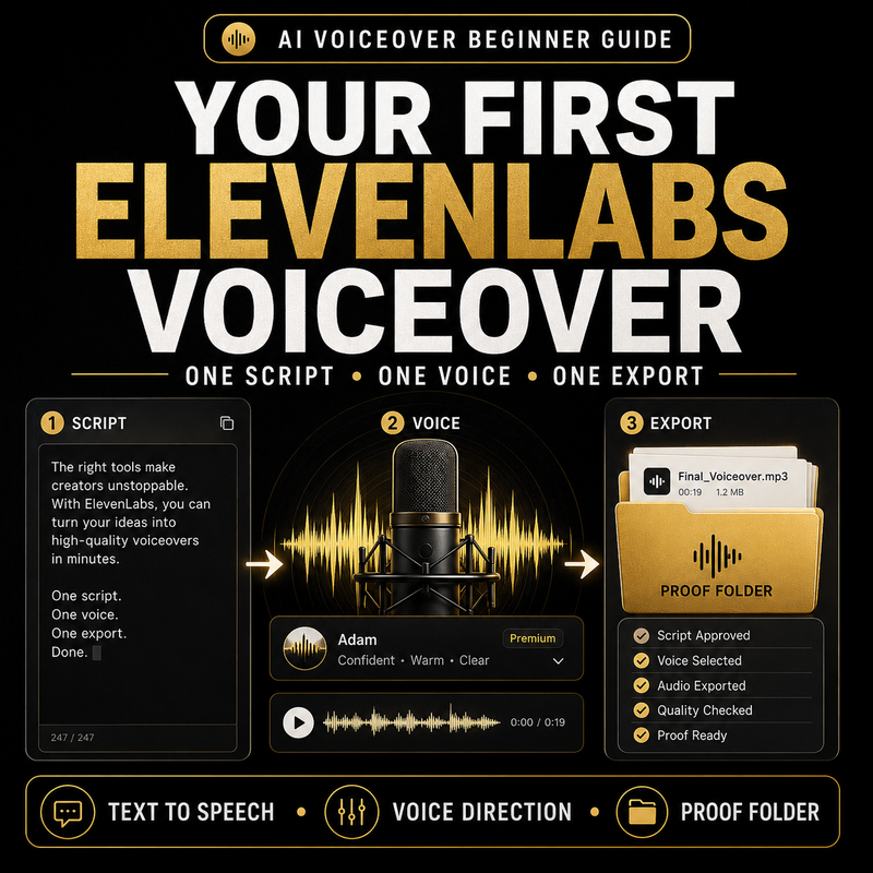 First ElevenLabs AI voiceover workflow using Text to Speech, a prepared script, voice selection and provenance records.