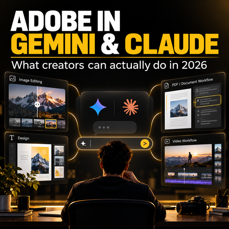 Adobe in Gemini and Claude creator workflow cover showing image editing, design, PDF and video workflows