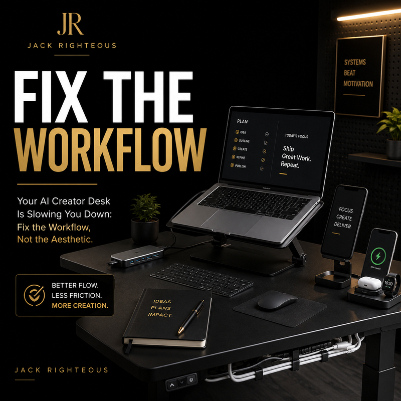 Organized AI creator desk workflow with laptop stand, USB-C hub, charging station, tablet stand and managed cables