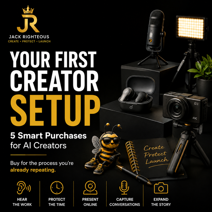 AI creator equipment guide featuring earbuds, microphone, camera, lighting and Bee Righteous on a black-and-gold cover