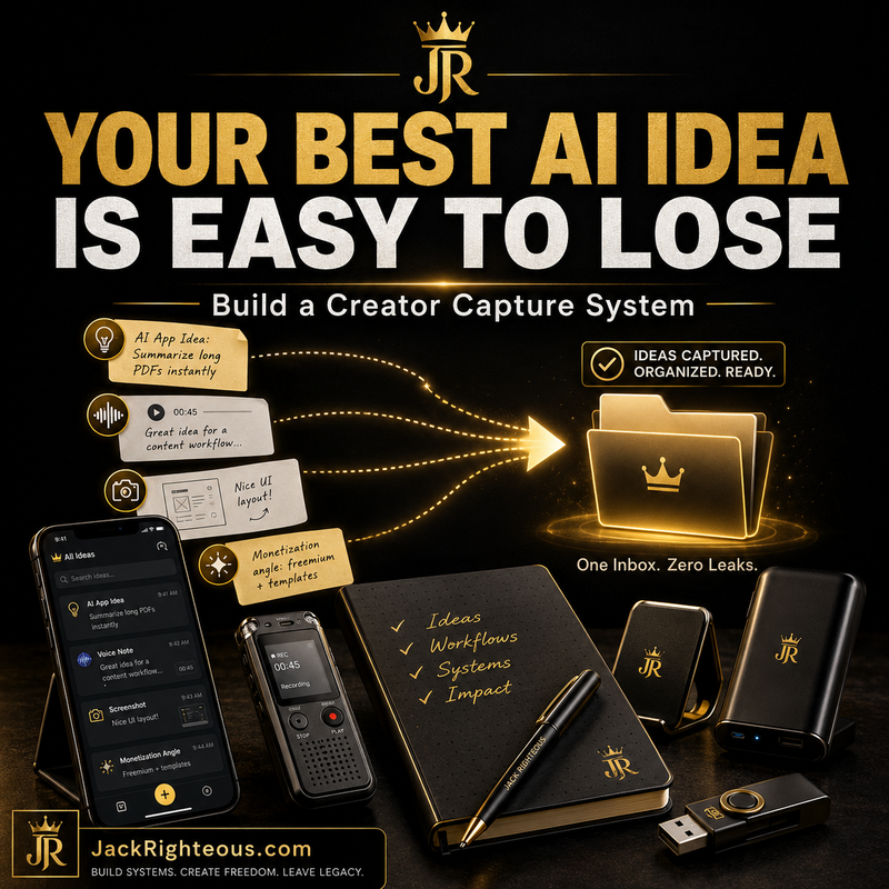 Creator capture system for saving AI ideas with phone, voice recorder, notebook and one organized project folder