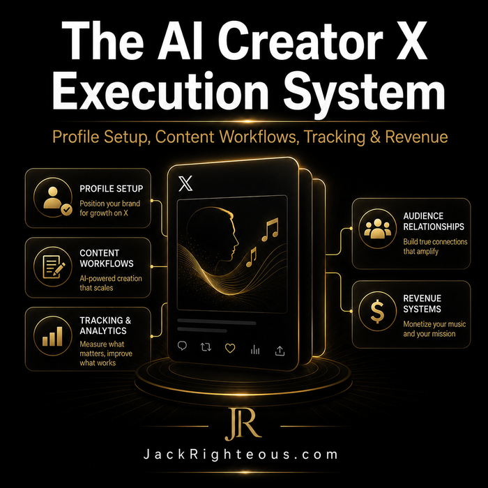 AI Creator X Execution System covering profile setup, content workflows, audience relationships, analytics and revenue paths