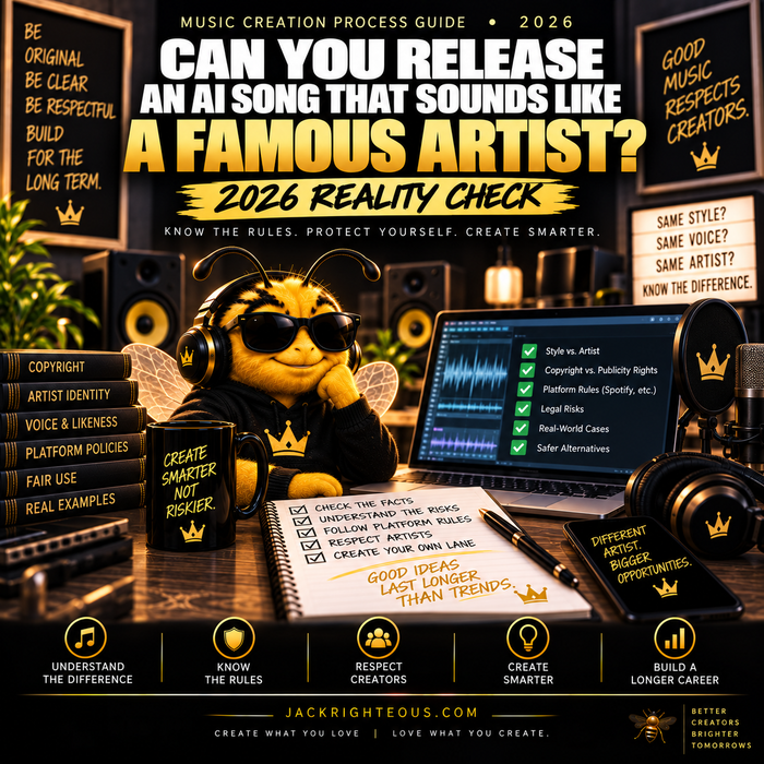 Bee music creator with legal checklist on artist style, voice likeness and platform rules for AI song releases