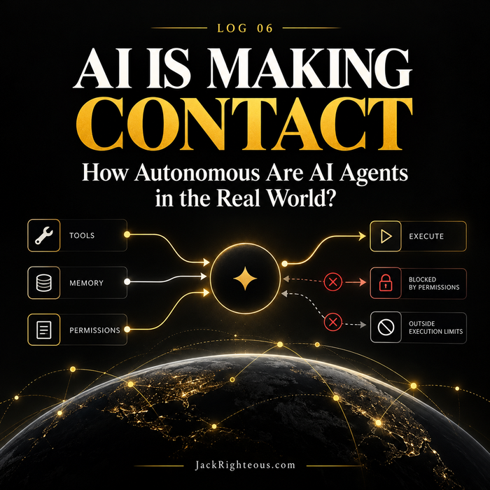 AI Is Making Contact Log 06: How Autonomous Are AI Agents in the Real World? Cover graphic illustrating tools, memory, permissions and blocked execution paths.