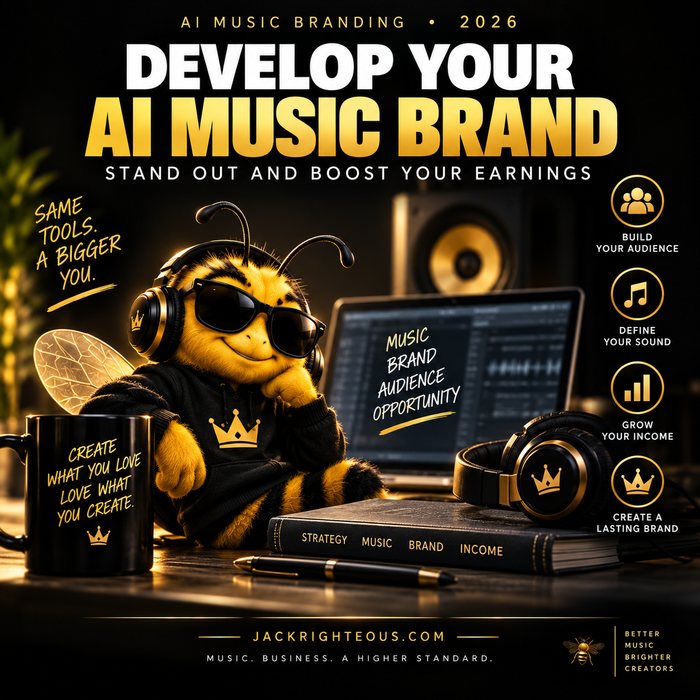 Bee creator in a studio with audience, sound, income and lasting-brand cues for AI music branding