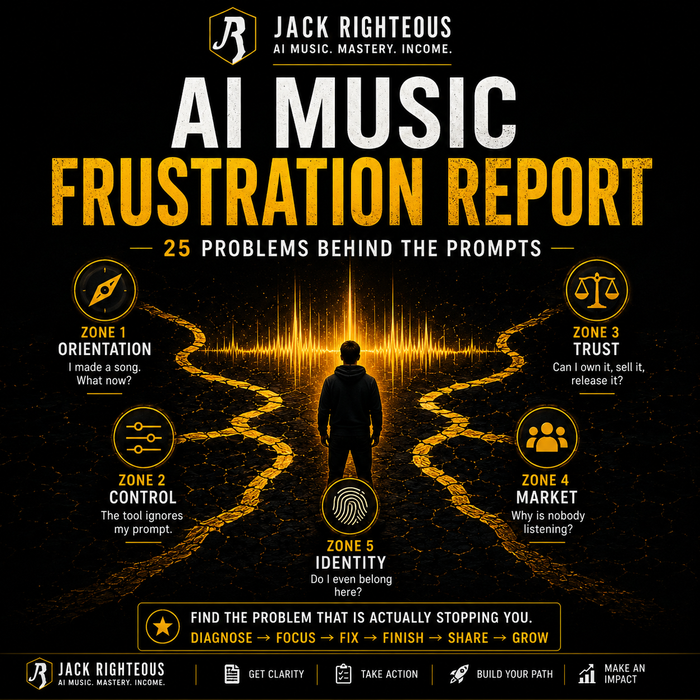AI Music Frustration Report cover showing a creator facing five challenges: orientation, control, trust, market and identity.