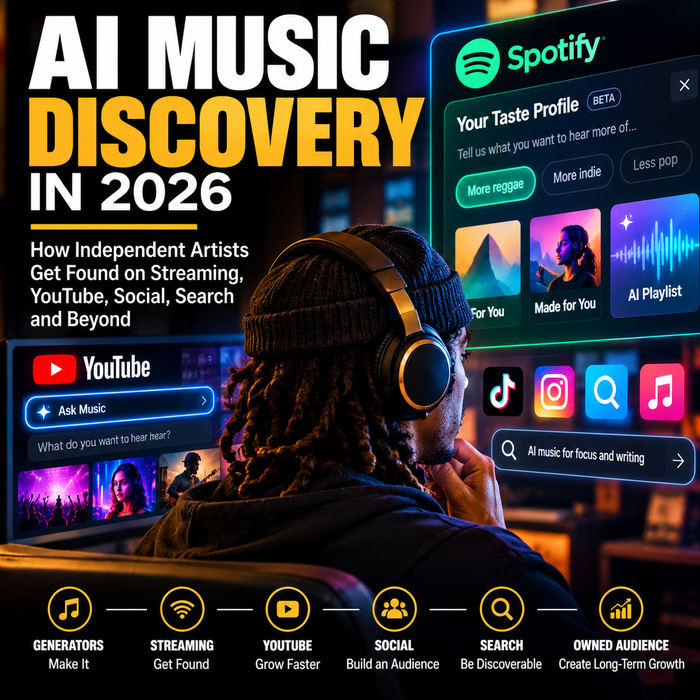 AI Music Discovery in 2026 cover showing Spotify Taste Profile, YouTube Ask Music, streaming, social, search and owned audience discovery