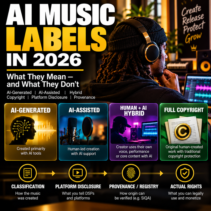 AI Music Labels in 2026 cover showing AI-Generated, AI-Assisted, Human plus AI Hybrid, provenance, platform disclosure and rights