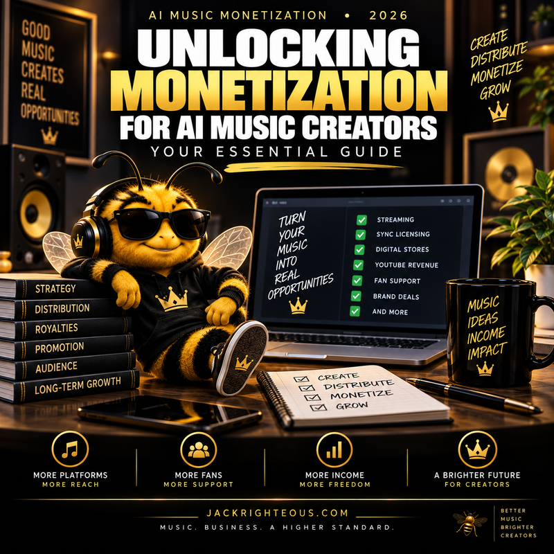 Bee creator beside an AI music monetization checklist for streaming, sync, stores, YouTube, fans and brand deals