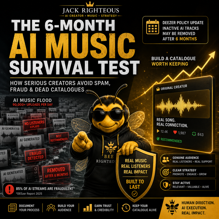 Bee Righteous AI music survival guide showing how creators avoid dead streaming catalogues and build real audiences