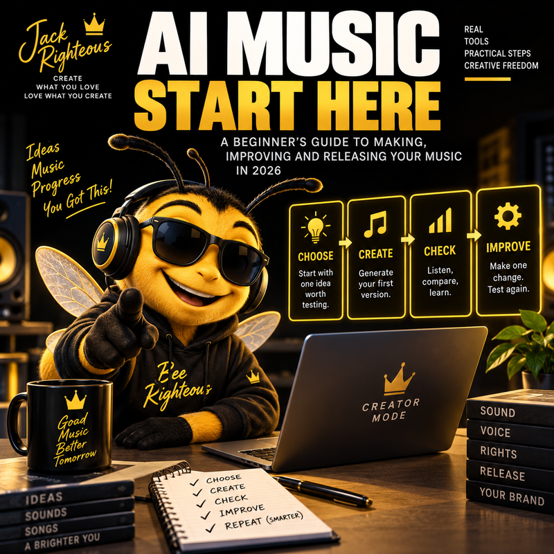 AI Music Start Here beginner guide featuring Bee Righteous and the Choose Create Check Improve workflow