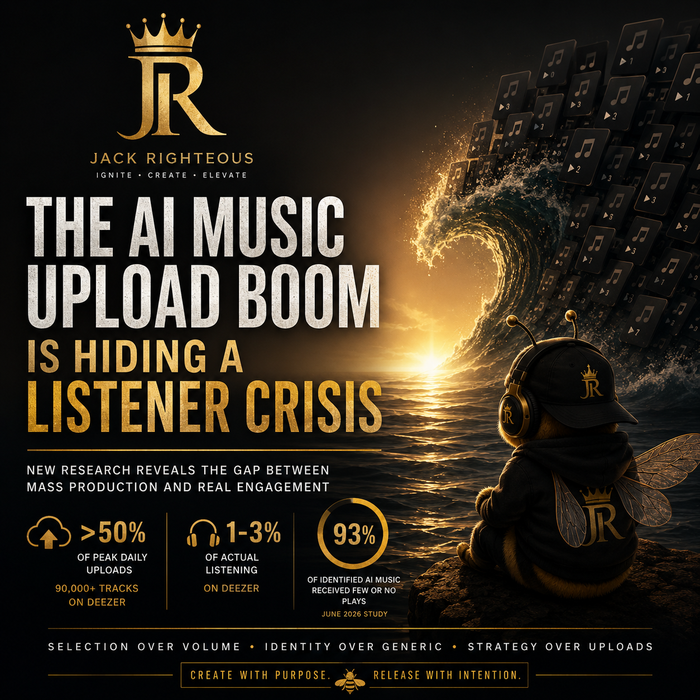 AI music strategy cover showing the upload boom, listener crisis, Bee Righteous mascot and the need for artist identity and audience development