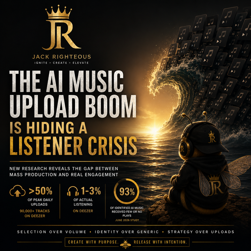 AI music strategy cover showing the upload boom, listener crisis, Bee Righteous mascot and the need for artist identity and audience development