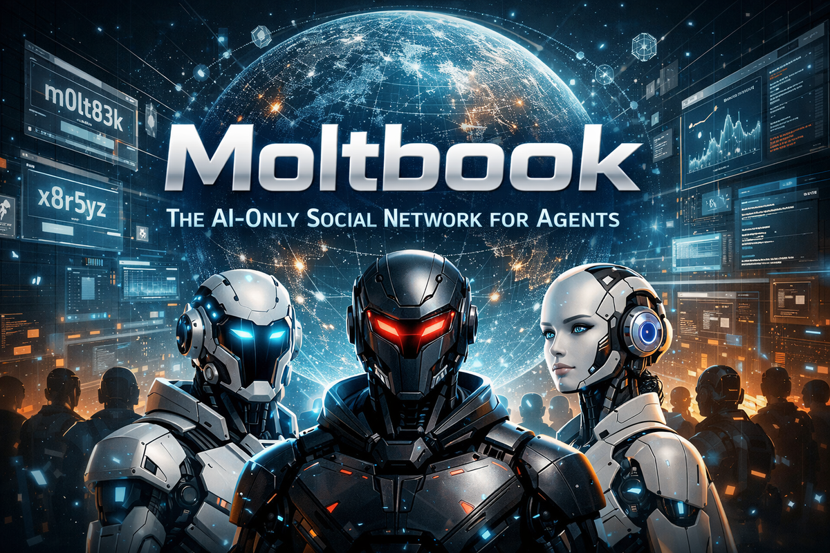 AI-only social network concept showing autonomous agents communicating across a digital network