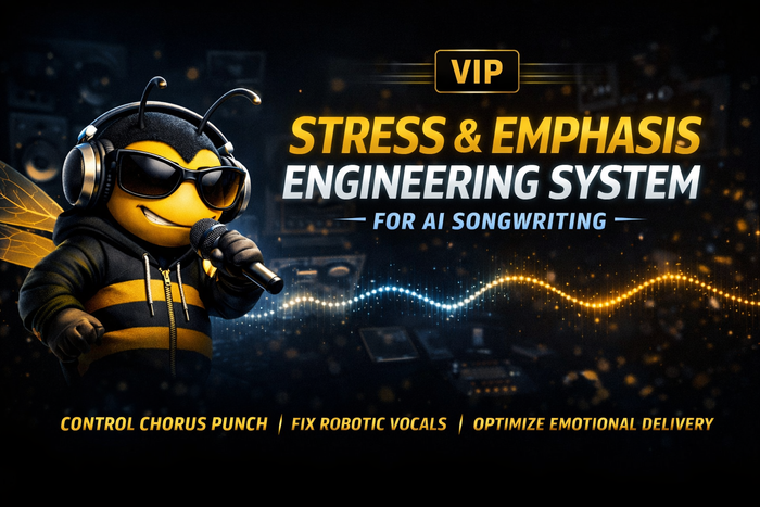 VIP stress and emphasis engineering system for AI songwriting with pro bee mascot and studio waveform background 16:9