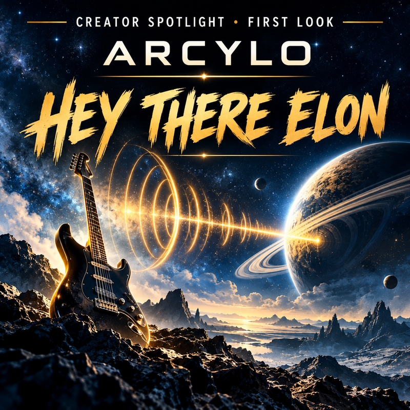 Arcylo — Hey There Elon. Creator Spotlight First Look cover: gold song title over a sci-fi landscape with an electric guitar, transmission signal and ringed planet. Editorial illustration.