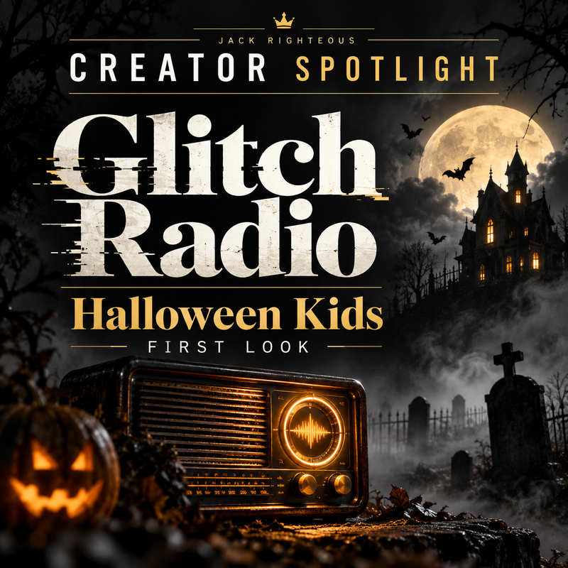 Glitch Radio Creator Spotlight First Look by Jack Righteous, featuring the Halloween Kids story and the project's AI-assisted seasonal music catalog.