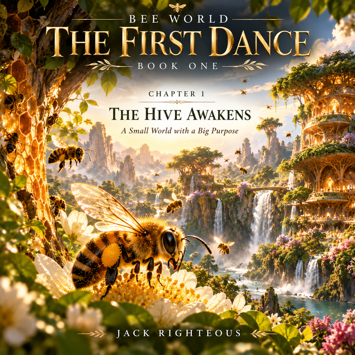 Bee World: The First Dance, Book One Chapter 1 — The Hive Awakens. Flame the bee explores the flowers around an Eden hive, with waterfalls beyond.