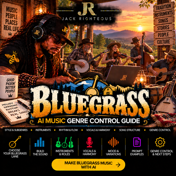Bluegrass Genre Intelligence for AI music creators — string-band roles, rhythm, breaks, instruments, vocals, harmony and genre control
