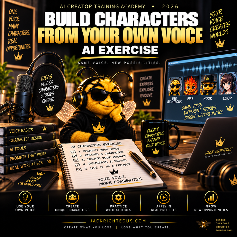 Bee creator, microphone and character lineup illustrating how to build AI characters from your own voice