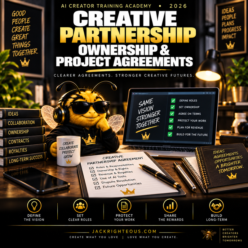 Bee creator at a desk with partnership agreement checklist covering roles, ownership, royalties and project terms