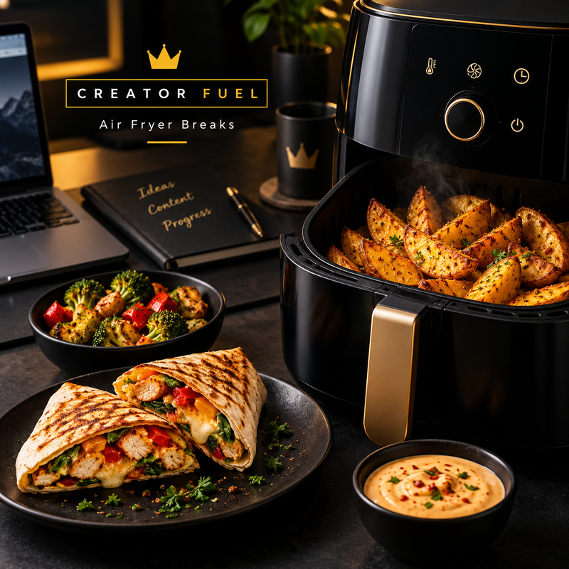 Creator Fuel air fryer breaks cover with air fryer snacks, wraps, dipping sauce, laptop and creator workspace