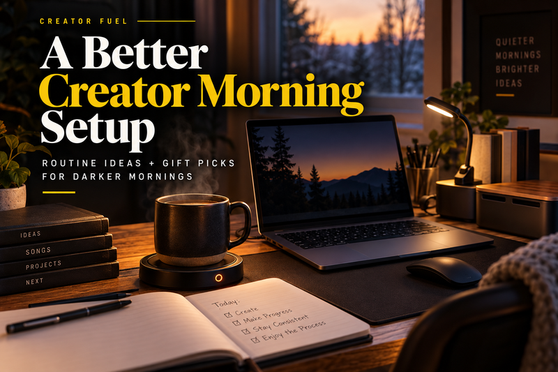 Creator morning workspace with coffee, warm desk lighting, laptop and notebook for the Creator Fuel morning setup guide