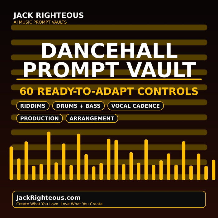 Dancehall Prompt Vault with 60 ready-to-adapt controls for riddims, drums, bass, vocal cadence, production and arrangement