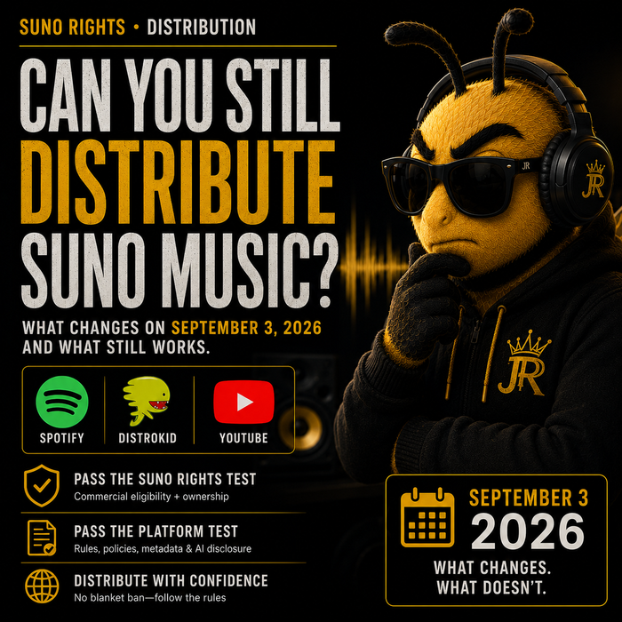 Suno music distribution guide covering September 3 rules for Spotify, DistroKid and YouTube