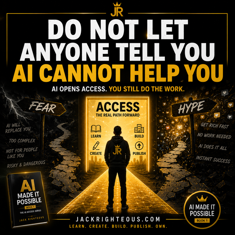 Promotional graphic with a silhouette of a person standing at a door labeled 'Access' with motivational text about AI.