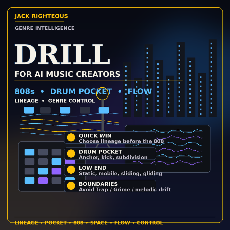 Drill Genre Intelligence for AI music creators — lineage, drum pocket, 808 behavior, vocal flow, negative space and genre control