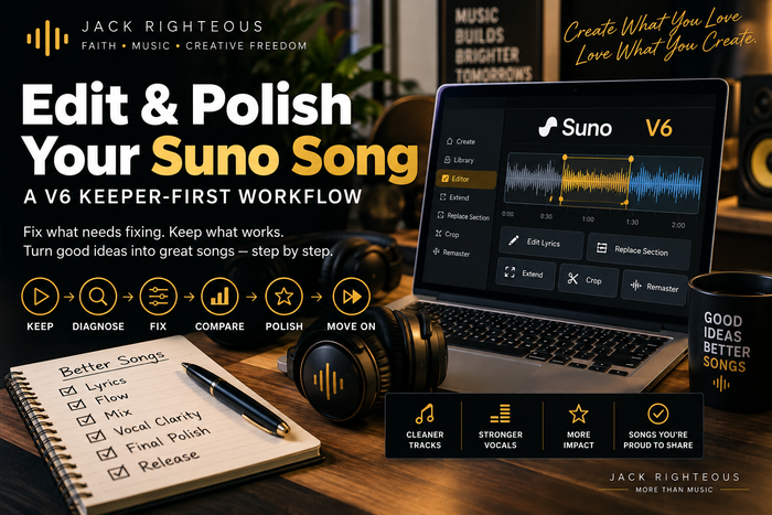 Edit and Polish Your Suno Song — V6 keeper-first workflow cover for JackRighteous.com