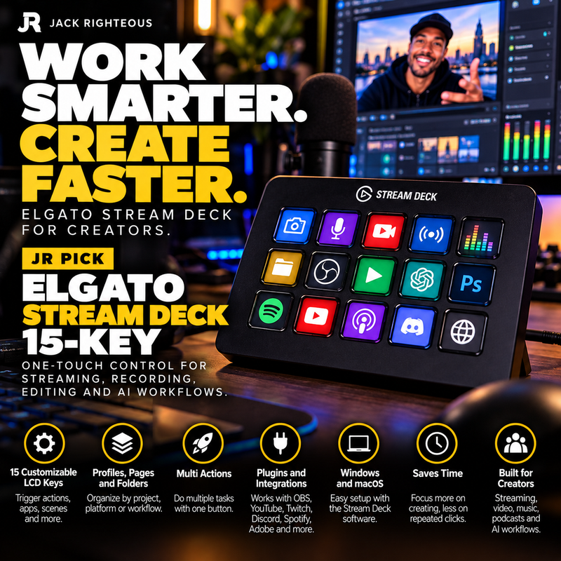 Elgato Stream Deck 15-key control surface in a professional creator workspace for streaming, recording, editing and AI workflows