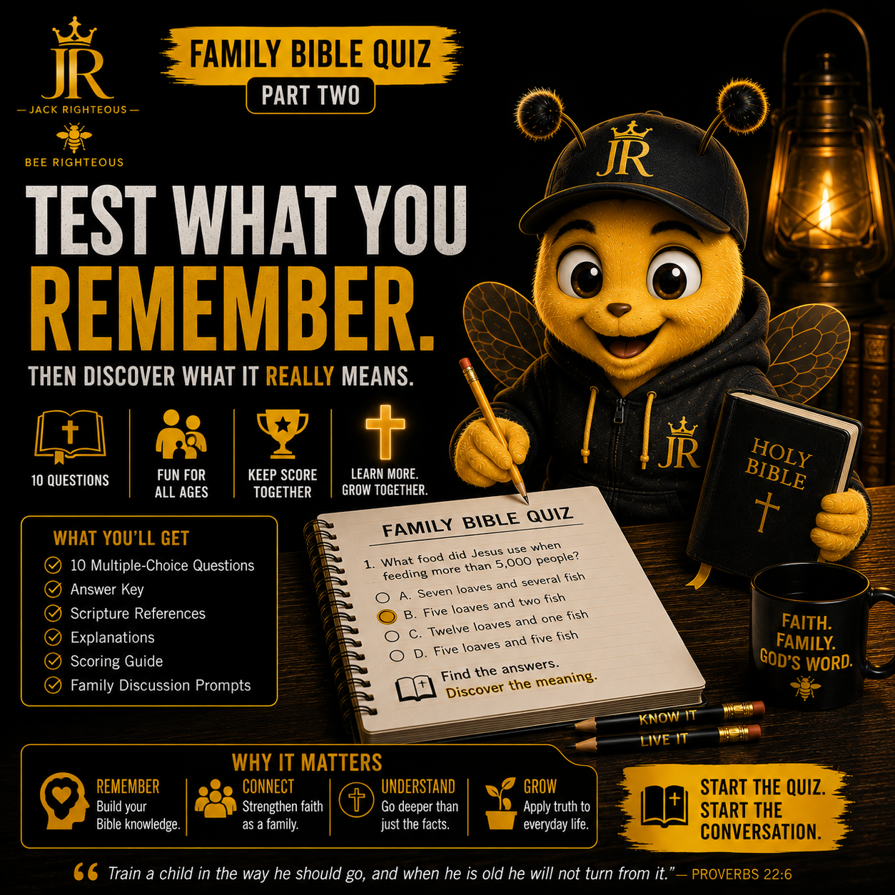 Bee Righteous hosts Family Bible Quiz Part Two with 10 questions, Scripture references, answers and family discussion prompts.
