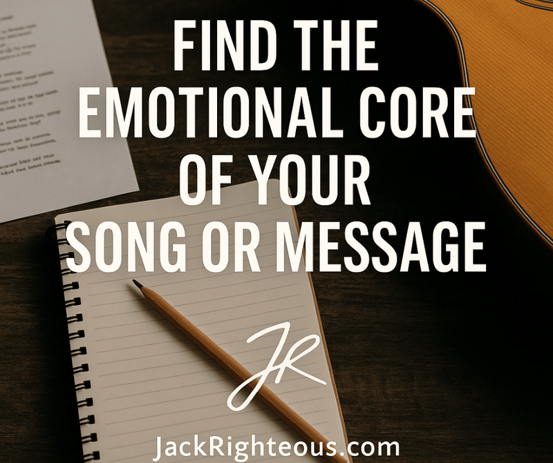 Notebook, pencil, lyric sheet, and guitar with title “Find the Emotional Core of Your Song or Message” and JR branding.