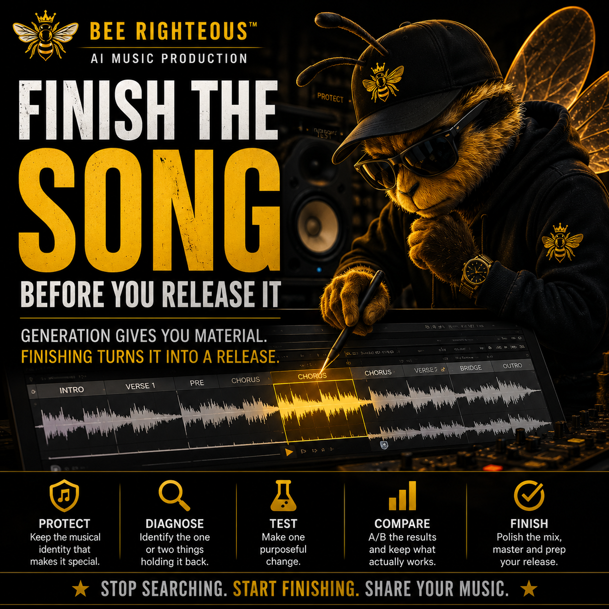 AI song finishing guide covering arrangement, cleanup, mix checks and release preparation before distribution