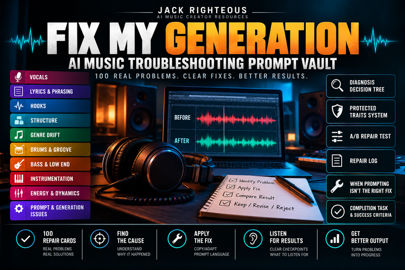 Fix My Generation AI Music Troubleshooting Prompt Vault with 100 repair cards across vocals, lyrics, hooks, structure, genre, groove, low end, instrumentation, energy and prompt-generation problems