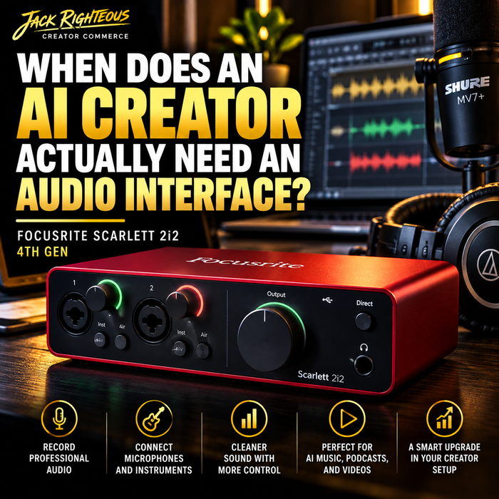 Focusrite Scarlett 2i2 4th Gen audio interface in a creator studio for AI music, podcasts and video production
