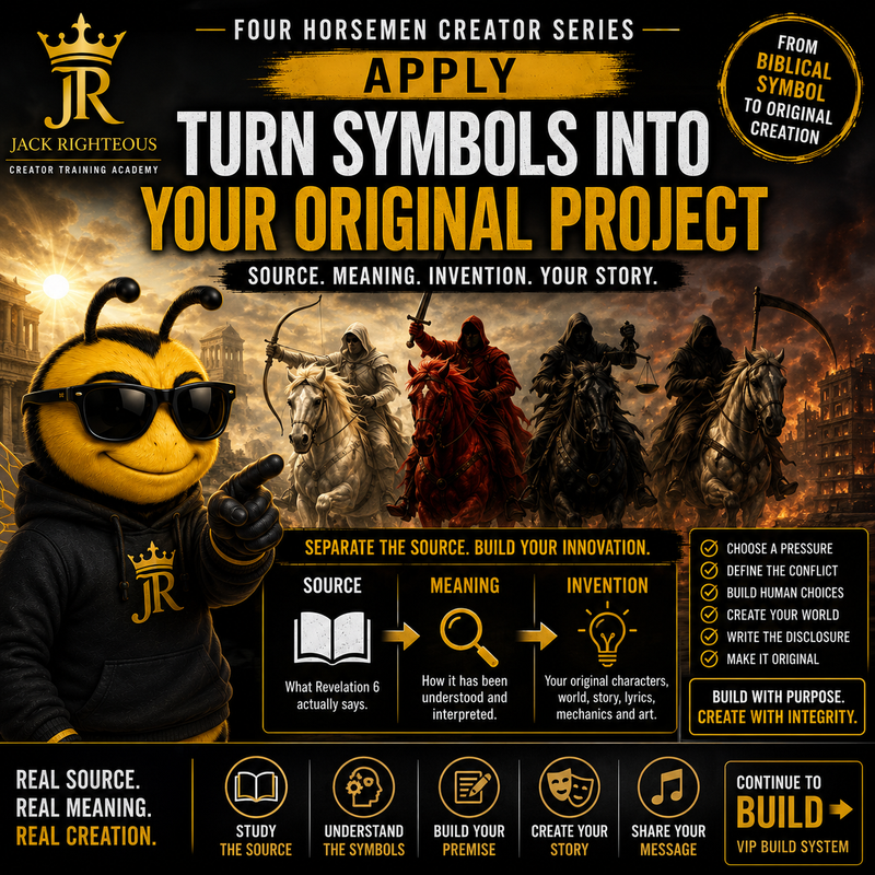 Bee Righteous turns Four Horsemen symbols into an original project using source, meaning, invention and human choice.