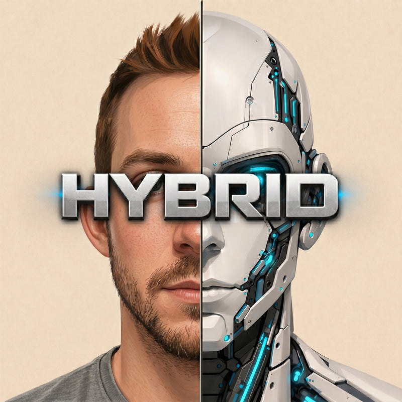 Official Hybrid album cover supplied by Fourth Immortal, showing a split human and futuristic mechanical face.