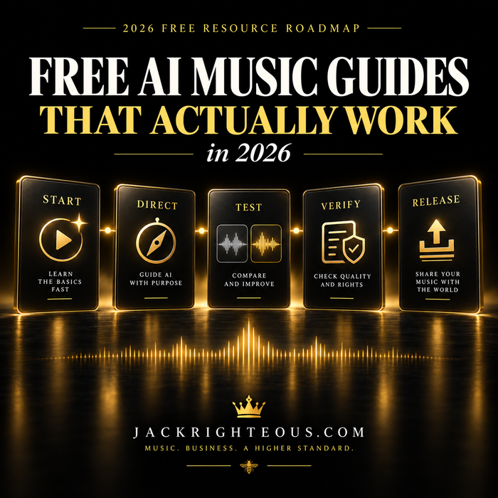 Black-and-gold AI music roadmap showing Start, Direct, Test, Verify and Release as five free guide paths