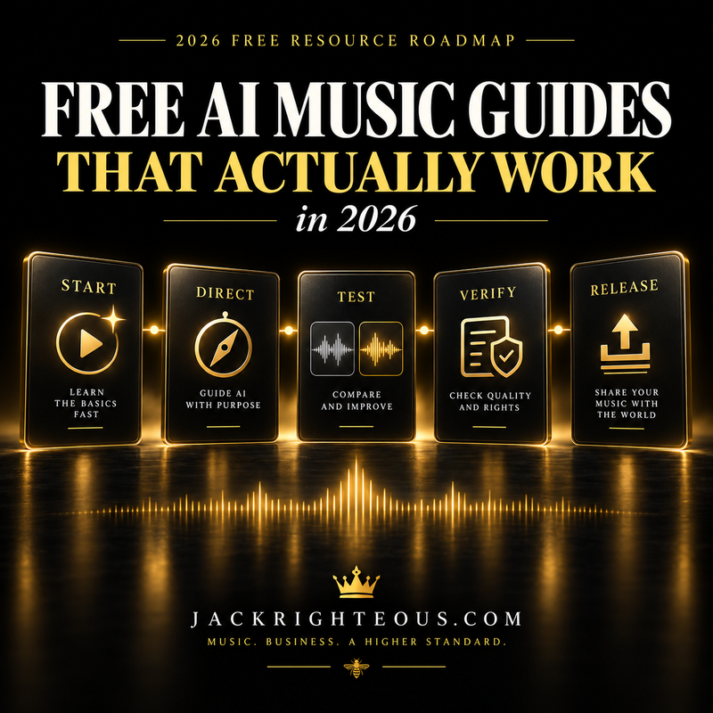 Black-and-gold AI music roadmap showing Start, Direct, Test, Verify and Release as five free guide paths