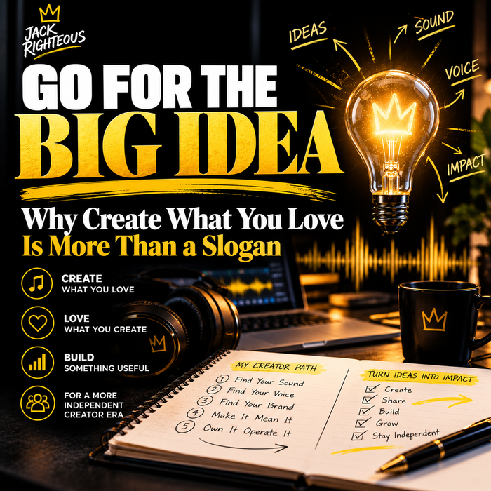 Go for the Big Idea cover showing the Jack Righteous Create What You Love mission, creator path notebook, headphones and a glowing idea lightbulb