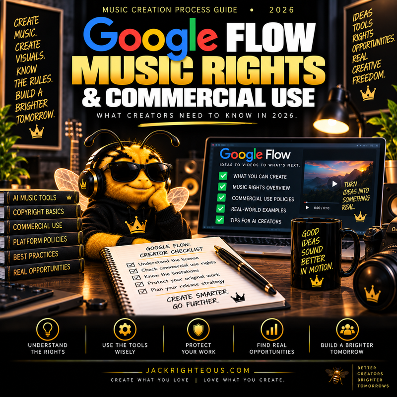 Bee creator beside a Google Flow screen and rights checklist for music ownership, copyright and commercial use in 2026