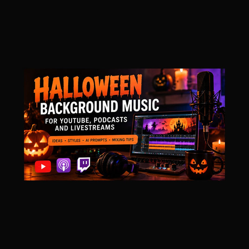 Halloween background music guide showing microphone, music production screen and pumpkins