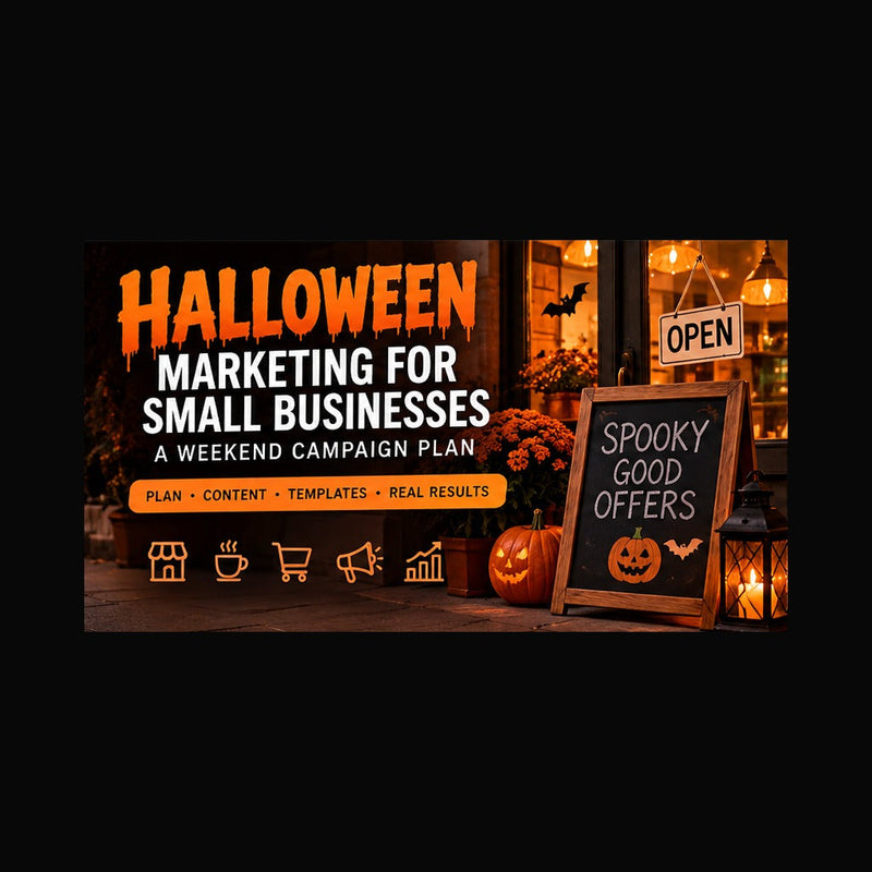 Halloween small business marketing guide with decorated local storefront